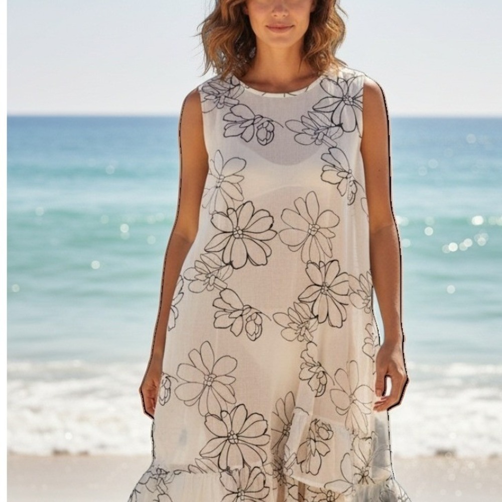 Zumi Women L- XL New Boho Floral Cotton Ruffle Sheer Mini Dress Pockets Cover-Up